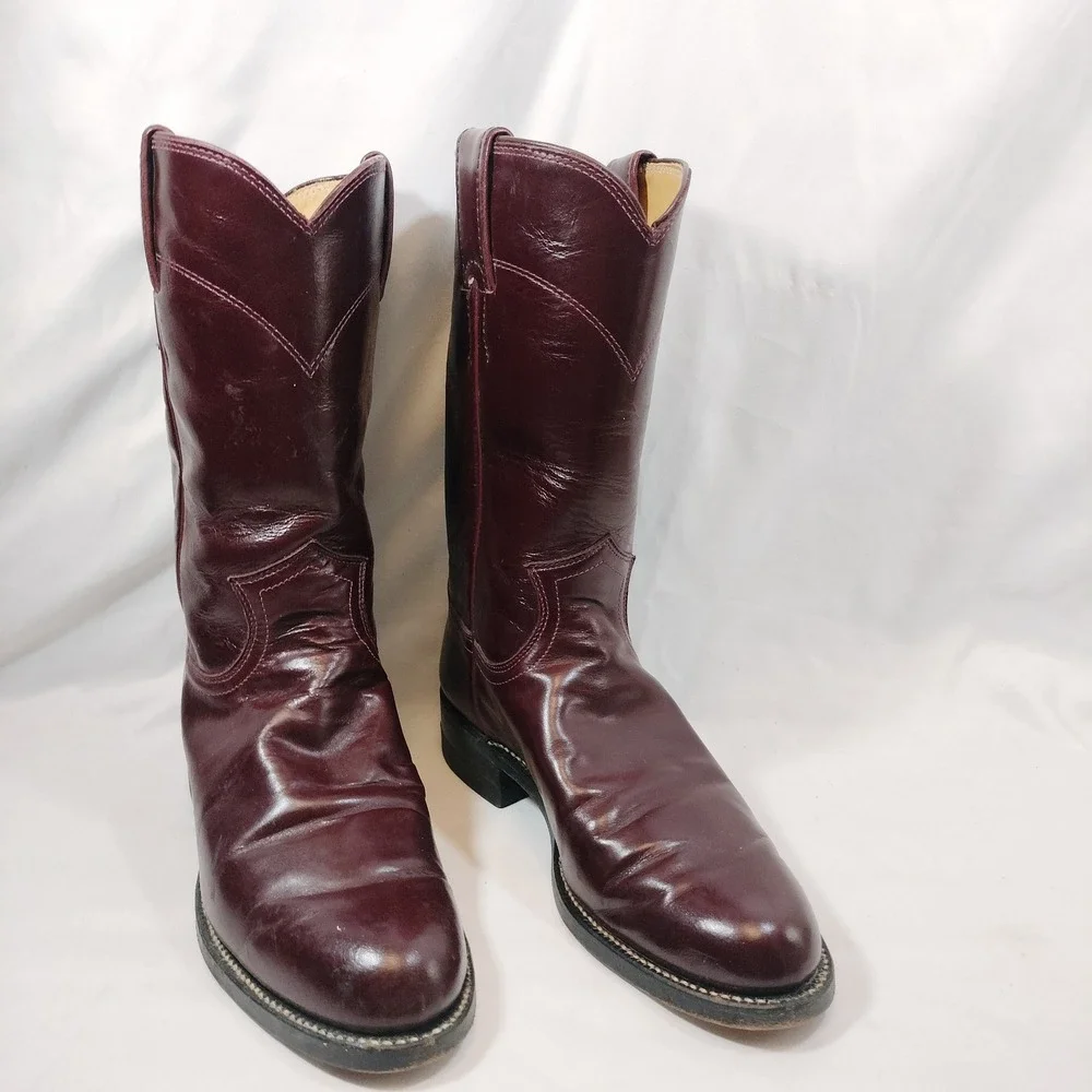 Justin Burgundy Cowboy Boots; Leather, Made in USA, Vintage, Western
